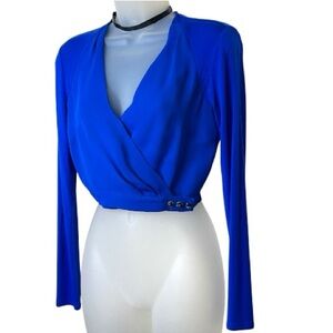Y2K Bebe Wrap Front Silver Studs Long Sleeve Crop Top Neon Royal Blue Vibrant